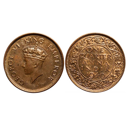 George VI, Bronze, Quarter Anna, 1940, Bombay Mint, Head Type I, Dot. F. Prid 691. GK 1425