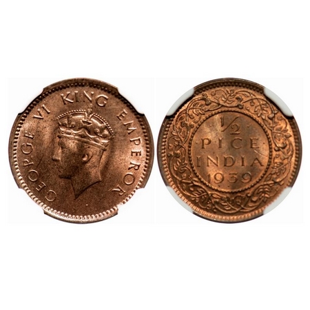 George VI, Bronze, 1/2 Pice, 1939, Bombay Mint, Head Type I, Dot. F. Prid 773. GK 1450. NG