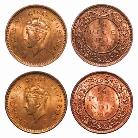 George VI, Bronze, 1/2 Pice (2 Coins), 1939, 1940, Calcutta Mint, Head Type I, No dot. F. 