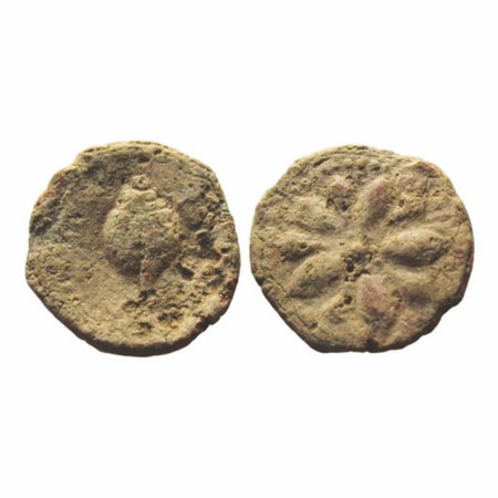 Post Gupta, Mandsaur, Lead, g, 5th c., Conch coin, 3.90g, 18.56x17.45mm, Obv: Stylised con