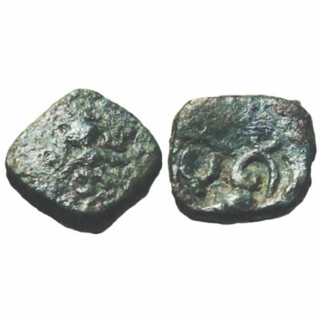 Post Gupta, Gujrat region, Copper,1.71g, 12.13x12.68mm, Obv: Standing man, Rev: bramhi leg