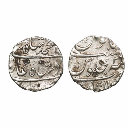 Muhammad Shah, Silver Rupee, 11.28g, Gwalior Mint, AH 11xx / 26 RY. KM 436.25. Test mark, 