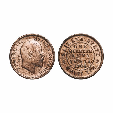 Sailana, Copper ¼ Anna, 4.50g, Jaswant Singh (1890-1919 AD), 1908 AD, bust of Edward VII o