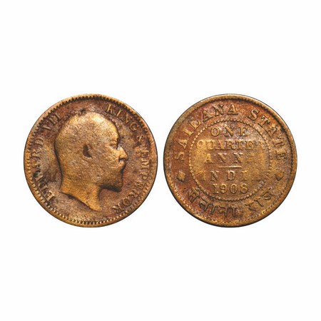 Sailana, Copper ¼ Anna, 4.22g, Jaswant Singh (1890-1919 AD), 1908 AD, bust of Edward VII o