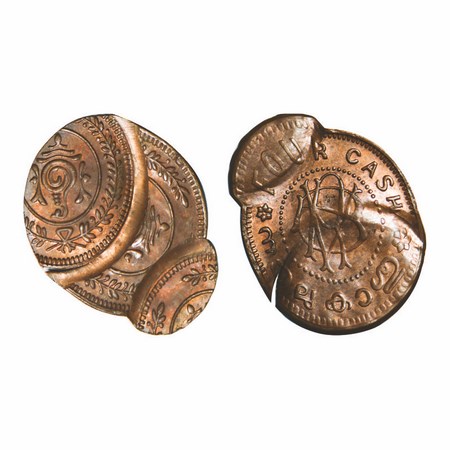 Travancore, Bronze 4 Cash, 1.96g, Bala Rama Varma II, Error, Triple struck, Conch an initi