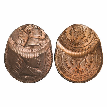 Travancore, Bronze Chuckram, 8.87g, Bala Rama Varma II, Error, Double struck, Conch & Port