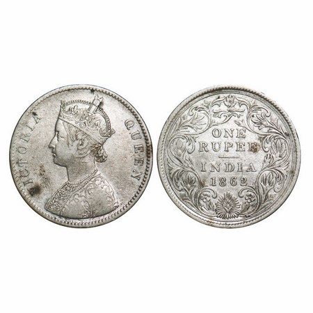 Victoria Queen, Silver, Rupee, 1862, Calcutta Mint, A/II(i), with initial 'J', 3 Pineapple