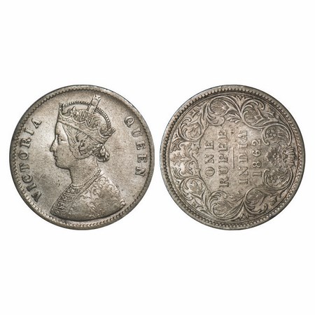 Victoria Queen, Silver, Rupee, 1862, Calcutta Mint, A/I, Error, 9'o clock on Rev. F. Prid 