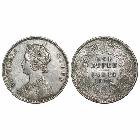 Victoria Queen, Silver, Rupee, 1862, Calcutta Mint, A/I, w/o initial 'J', Ghost on Rev. F.