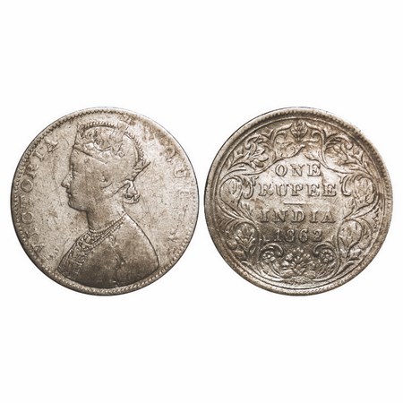 Victoria Queen, Silver, Rupee, 1862, Bombay Mint, D/II, Flower above 'E' of ONE normal siz