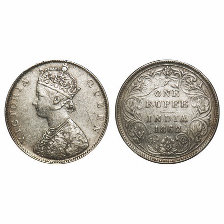 Victoria Queen, Silver, Rupee, 1862, Bombay Mint, D/II/0/0, The Queens jabot 4 & 3/4 or 5 
