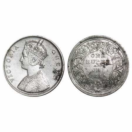 Victoria Queen, Silver, Rupee, 1862, Bombay Mint, B/II/1/0, Ghost on Rev, Double struck on