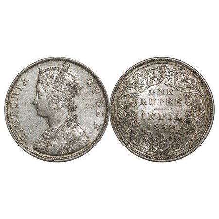 Victoria Queen, Silver, Rupee, 1862, Bombay Mint, B/II/2/0, Die rotation on Rev, Double ch