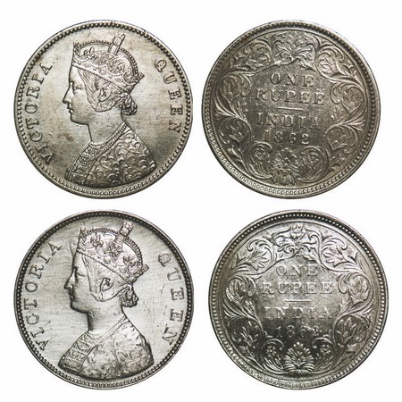 Victoria Queen, Silver, Rupee, (2 Coins), 1862, 1) Calcutta Mint, A/I, With initial 'J', 2