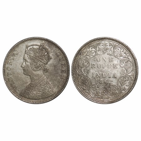 Victoria Queen, Silver, Rupee, 1862, Bombay Mint, A/I/0/4, w/o initial 'J', Ghost on Rev. 
