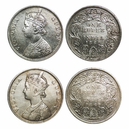 Victoria Queen, Silver, Rupee, (2 Coins), 1862, Bombay Mint, 1) A/I/0/4, Without initial '