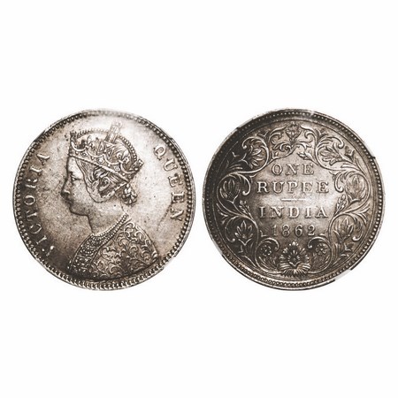 Victoria Queen, Silver, Rupee, 1862, Bombay Mint, A/II/0/7, w/o initial 'J'. F. Prid 87. G