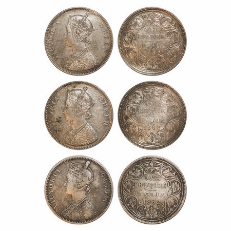 Victoria Queen, Silver, Rupee (3 Coins), 1862, Bombay Mint, 1) A/II/0/7, w/o initial 'J', 