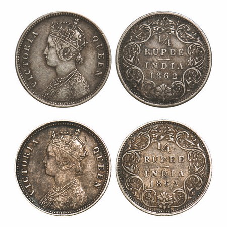 Victoria Queen, Silver, Quarter Rupee, (2 Coins), 1862, Calcutta Mint, A/I, Queens jabot h