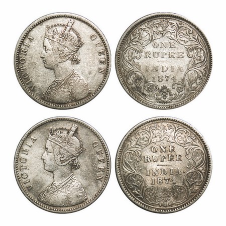 Victoria Queen, Silver, Rupee, (2 Coins), 1874, 1) Bombay Mint, A2/II, No dot, Broken nume