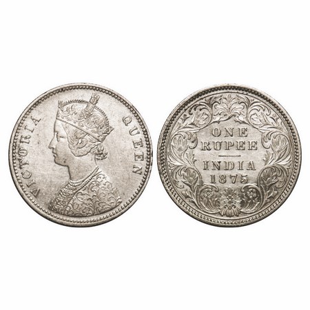 Victoria Queen, Silver, Rupee, 1875, Calcutta mint, A1/I, No mint mark, Top stroke of nume