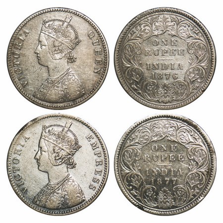 Victoria Queen and Empress, Silver, Rupee, (2 Coins), 1) 1876, Calcutta Mint, A1/I, No min