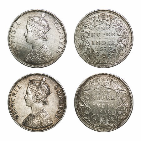 Victoria Empress, Silver, Rupee, (2 Coins), 1878, 1) Bombay Mint, A3/II(i), Dot, 2) Calcut