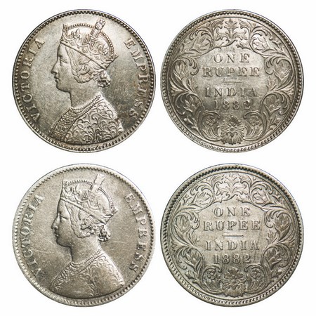 Victoria Empress, Silver, Rupee, (2 Coins), 1882, 1) Bombay Mint, A3/I, Dot, 2) Calcutta M