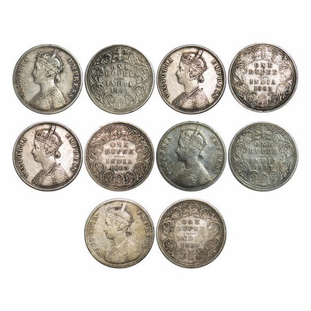 Victoria Empress, Silver, Rupee, (5 Coins), 1883, 1) Bombay Mint, A3/I, Dot, 2) Bombay Min
