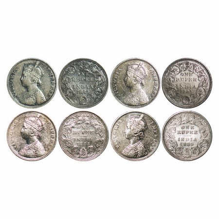 Victoria Empress, Silver, Rupee, (4 Coins), 1885, 1) Bombay Mint, A3/II(i), 'B' raised, To