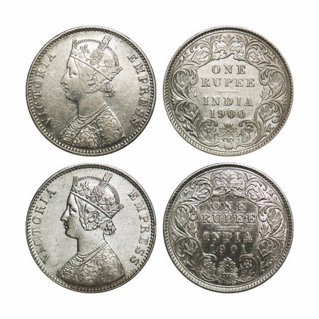 Victoria Empress, Silver, Rupee, (2 Coins), 1900, 1901, Calcutta Mint, C3/I(i), 'C' incuse