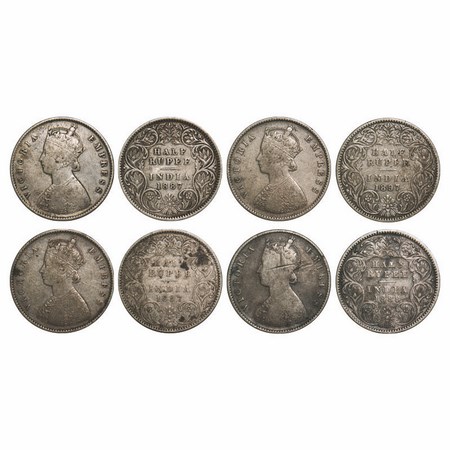 Victoria Empress, Silver, Half Rupee, (4 Coins), 1) 1887, Calcutta Mint, A/I, 'C' incused,