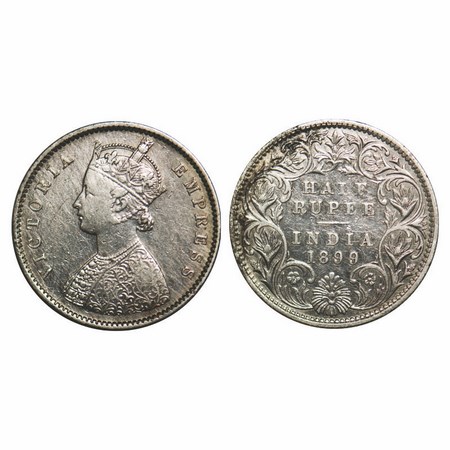 Victoria Empress, Silver, Half Rupee, 1899, Bombay Mint, A/I, 'B' incused, B incused 'Inve