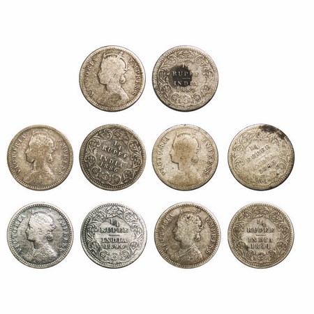 Victoria Empress, Silver, 1/4 Rupee, (5 Coins), 1) 1883, Calcutta Mint, C/II, 'C' incused,