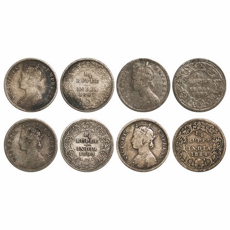 Victoria Empress, Silver, 1/4 Rupee, (4 Coins), 1) 1884, Bombay Mint, B/I, 'B' raised (Ex-