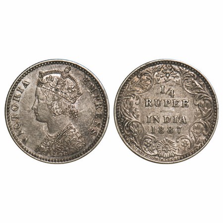 Victoria Empress, Silver, 1/4 Rupee, (2 Coins), 1887, Bombay Mint, C/I/II, 'B' raised. F. 