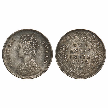 Victoria Queen, Silver, 2 Annas, 1862, Calcutta Mint, A/I, Bottom flower top 3 petals same