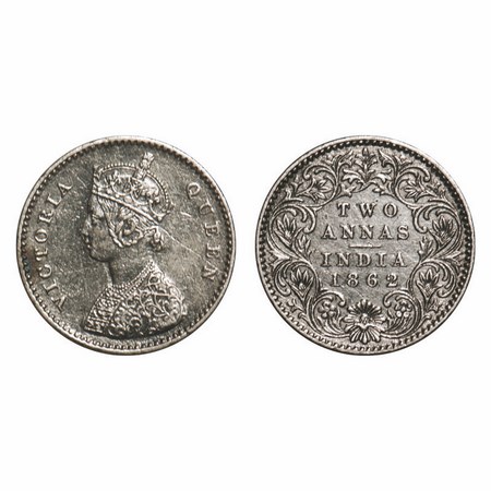 Victoria Queen, Silver, 2 Annas, 1862, Calcutta Mint, A/I, The queens jabot has 4 complete