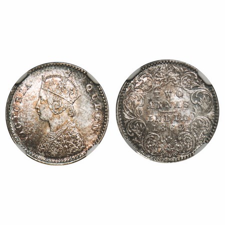 Victoria Queen, Silver, 2 Annas, 1862, Calcutta Mint, A/I. F. Prid 485. GK 381. NGC Slabbe