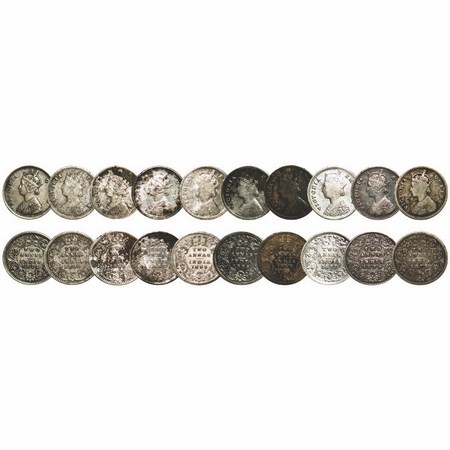 Victoria Queen and Empress, Silver, 2 Annas, (10 Coins), 1) 1862, Bombay Mint, A/I, Bottom