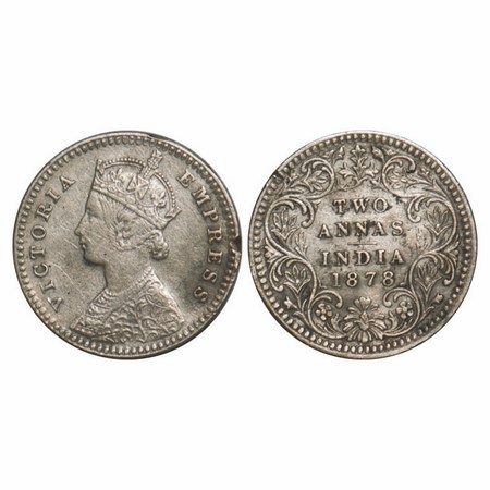 Victoria Empress, Silver, 2 Annas, 1878, Calcutta Mint, B/II, No mint mark, Edge nick on O