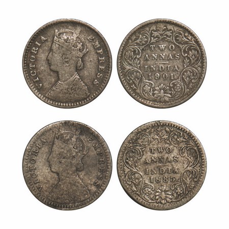 Victoria Empress, Silver, 2 Annas, (2 Coins), 1) 1883, Bombay Mint, B/II, Dot, 2) 1901, Bo