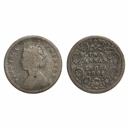 Victoria Empress, Silver, 2 Annas, 1894, Calcutta Mint, B/II, 'C' incused, Ghost on Rev. F