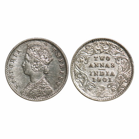 Victoria Empress, Silver, 2 Annas, 1901, Calcutta Mint, B/II, 'C' incused, Ghost on Rev. F