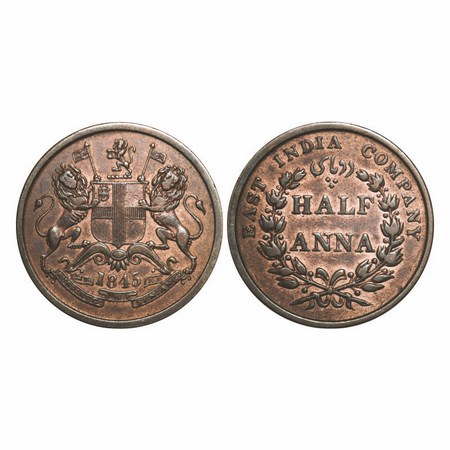 Victoria Queen, Copper, Half Anna, 1845, Calcutta Mint, Obv B, Cross bar of numeral 4 of y