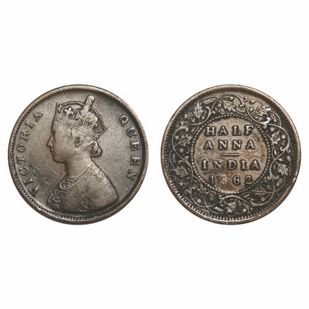 Victoria Queen, Copper, Half Anna, 1862, Madras Mint, A/I, Smugged type flowers, Numeral '