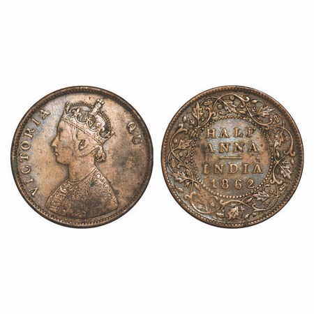 Victoria Queen, Copper, Half Anna, 1862, Madras Mint, A/I(i), Flowers with 5 dots around a