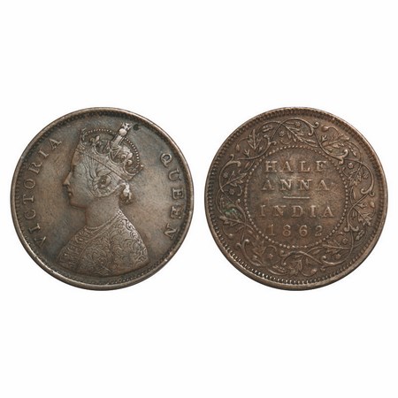 Victoria Queen, Copper, Half Anna, 1862, Madras Mint, A/I, Smugged type flowers, Numeral '