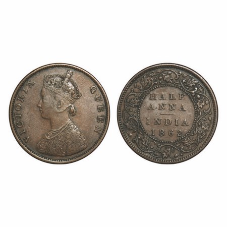 Victoria Queen, Copper, Half Anna, 1862, Madras Mint, A/I, Smugged type flowers, Numeral '