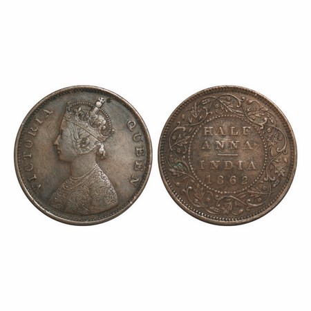 Victoria Queen, Copper, Half Anna, 1862, Madras Mint, A/I, Smugged type flowers, Numeral '